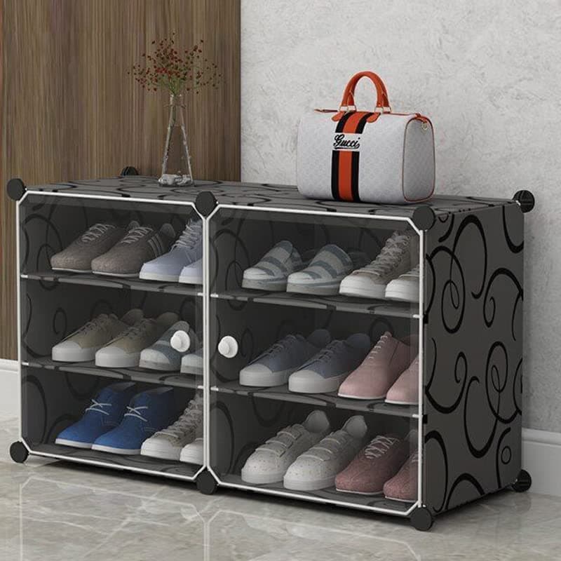 Aysis Portable Shoe Rack Organizer with Door, 12 Pairs Storage Cabinet Easy Assembly, Plastic Adjustable Organizer Stackable Detachable Free Standing Shoe Rack DIY Expandable 2 Door 6 Tier Black