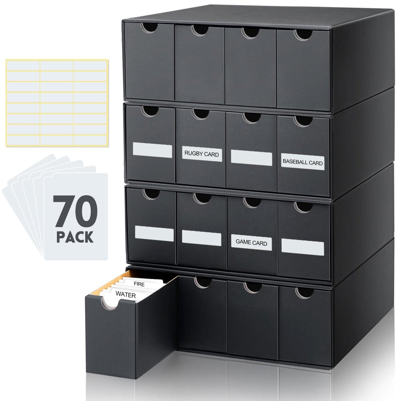 Cholemy 15000 Trading Card Storage Box with 70 Cardboard Storage Divider Label Sticker for Collection Compatible with TCG Baseball Cards4 Row 4 in A RowBlack