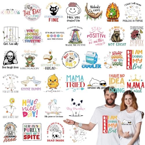Tellingyou 36 Sheets Iron on Transfers Patches Dtf Ready to Press Vinyl Iron on Patch Embroidered Applique for T Shirt Jacket Pillow Covers Backpack Hoodies DIY Decorations (Funny Style)