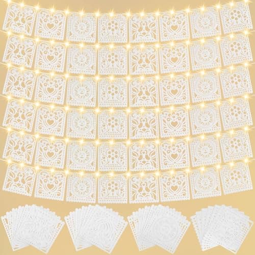 6 Pack White Papel Picado Banner with LED String Light Cielito Lindo Backdrop Decorations Mexican Party Banners 12 Flags Per Banner Mexicano para Fiesta Decor for Wedding Baby Shower Birthday Supply