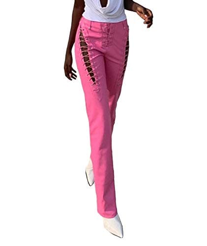xxxiticat Women's Lace Up PU Leather Pants Chic High Waist Hollow Out Drawstring Bandage Cut Out Faux Leather Trousers(PI,M) Pink