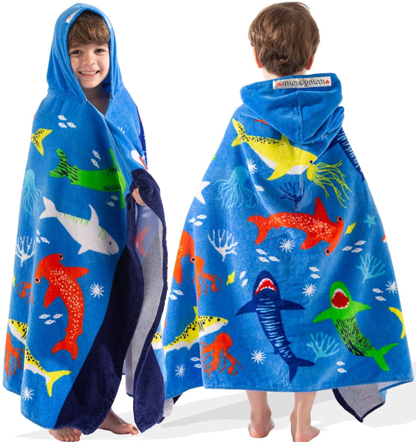 VOOVA & MOVAS Hooded Towel for Toddlers 3-10 Years,30''X50'',Soft | Thick | Cotton | Absorbent | Large Beach | Pool | Bath | Swim Towels | Cover up for Boys, Shark Fish