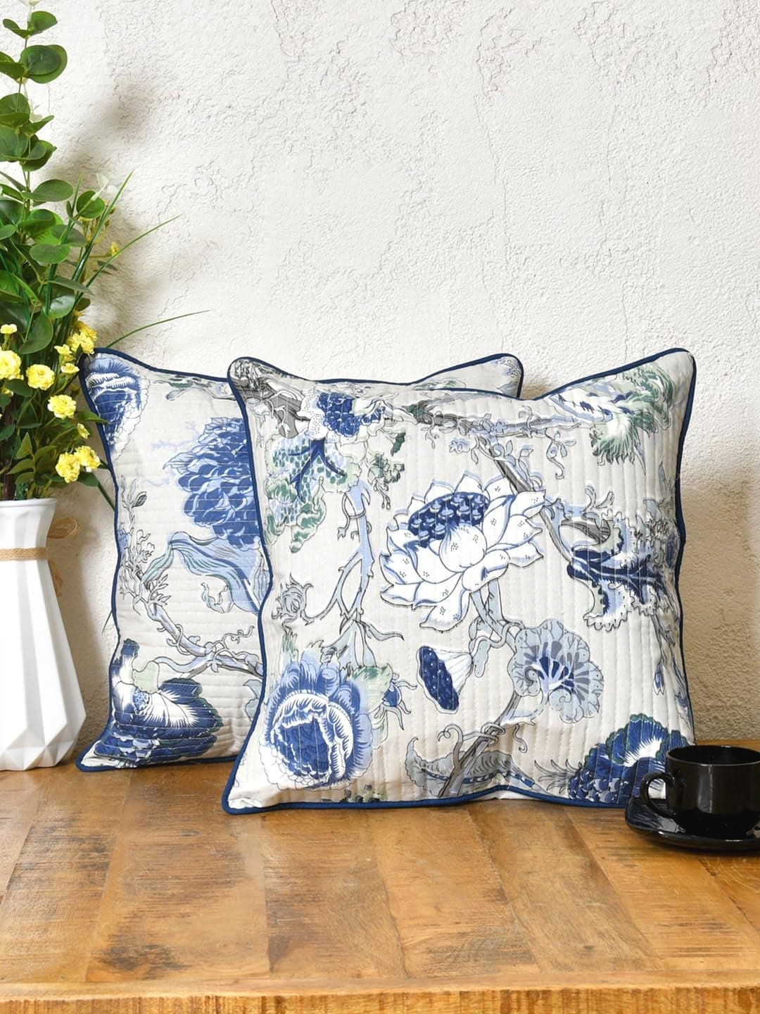 Clasiko Cotton 300 TC Cushion Covers Set of 2; 16X16 Inches; Blue Flowers