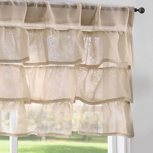 jinchan Ruffled Valance Curtain for Window Kitchen Valance Living Room Farmhouse Rustic 18 Inch Light Filtering Sheer Voile Shabbychic Light Beige Valance Small Window Treatment Rod Pocket 1 Panel