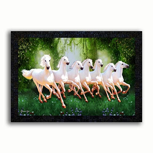 Generic PNF Seven 7 Running Horse with Wooden Synthetic Frame Painting (Multicolor, 13.5x19 inch), Medium
