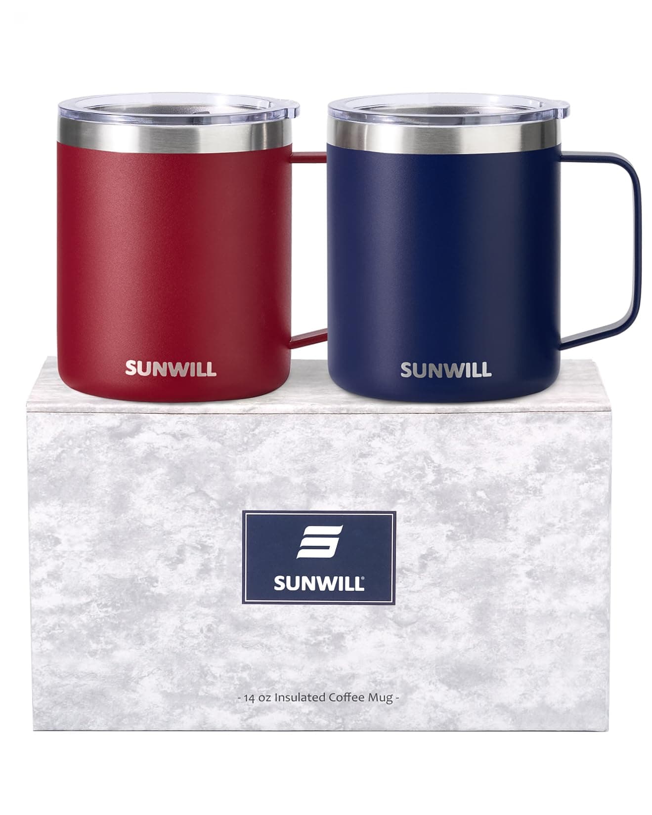 SUNWILL Travel Coffee Mug Set of 2 Insulated Tumbler with Lid 14 oz Stainless Steel Cup with Handle for Camping Office Home Powder Coated Navy Blue Wine Red