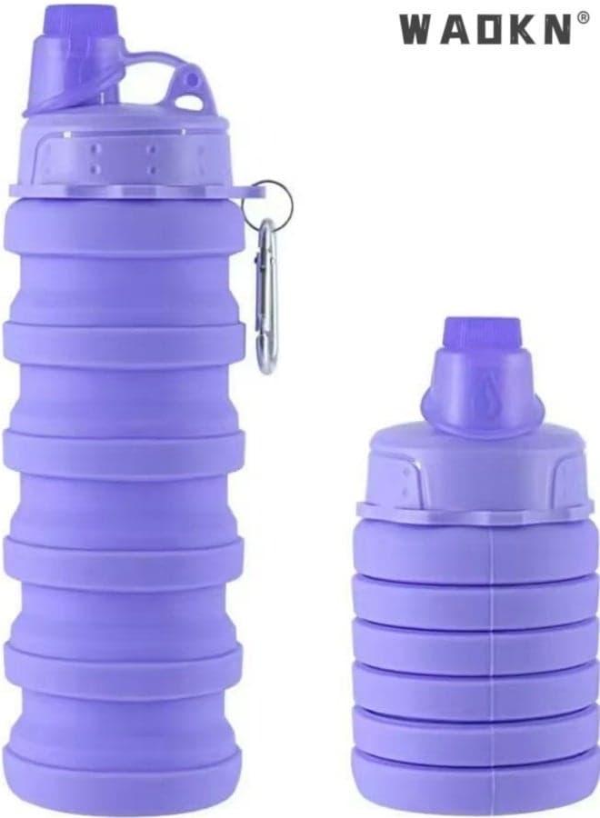 Collapsible Water Bottles Travel water bottle , Sports Portable Sport Water Bottle Reusable Water Bottle , comes with mountaineering Buckle , 500ml silicone Water proof camping water bottle , purple .