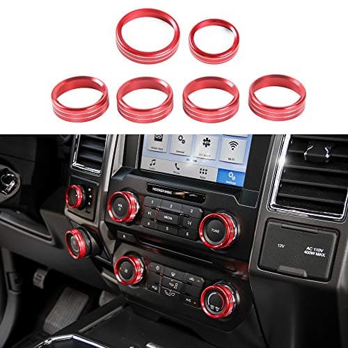 Keptrim for F150 Air Conditioner Switch & Trailer & 4WD & VOL Knob Button Trim for Ford F150 XLT 2016 2017 2018 2019, Red Aluminum, 6pcs