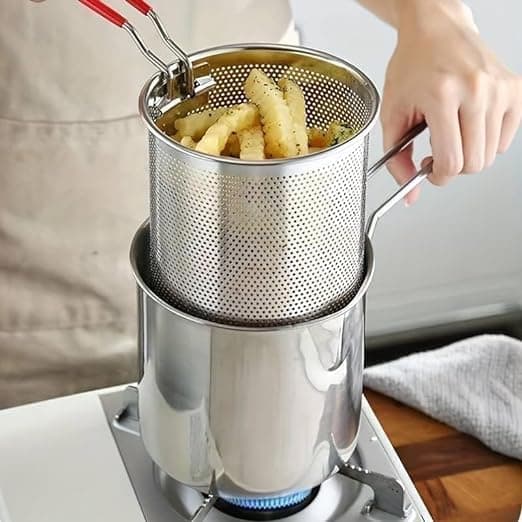 MOZABEE ENTERPRISE Small Deep Frying Pot with Strainer Basket1200ml Stainless Steel Pan with Handle Ideal for Frying French Fries Chicken Wings Shrimp Fish Boiling Butter Gravies Pasta
