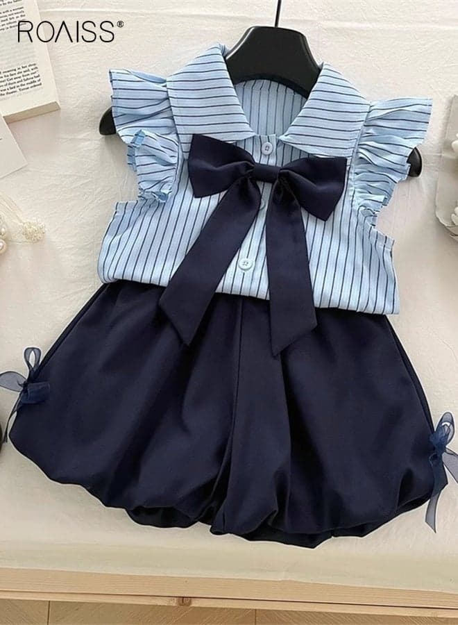 2 Piece Comortable Clothing Set for Girls, Striped Ruffled Blouse and Solid Shorts Set, Stylish Summer Outfit with Bowknot Shirt and Elastic Waist Short Pants