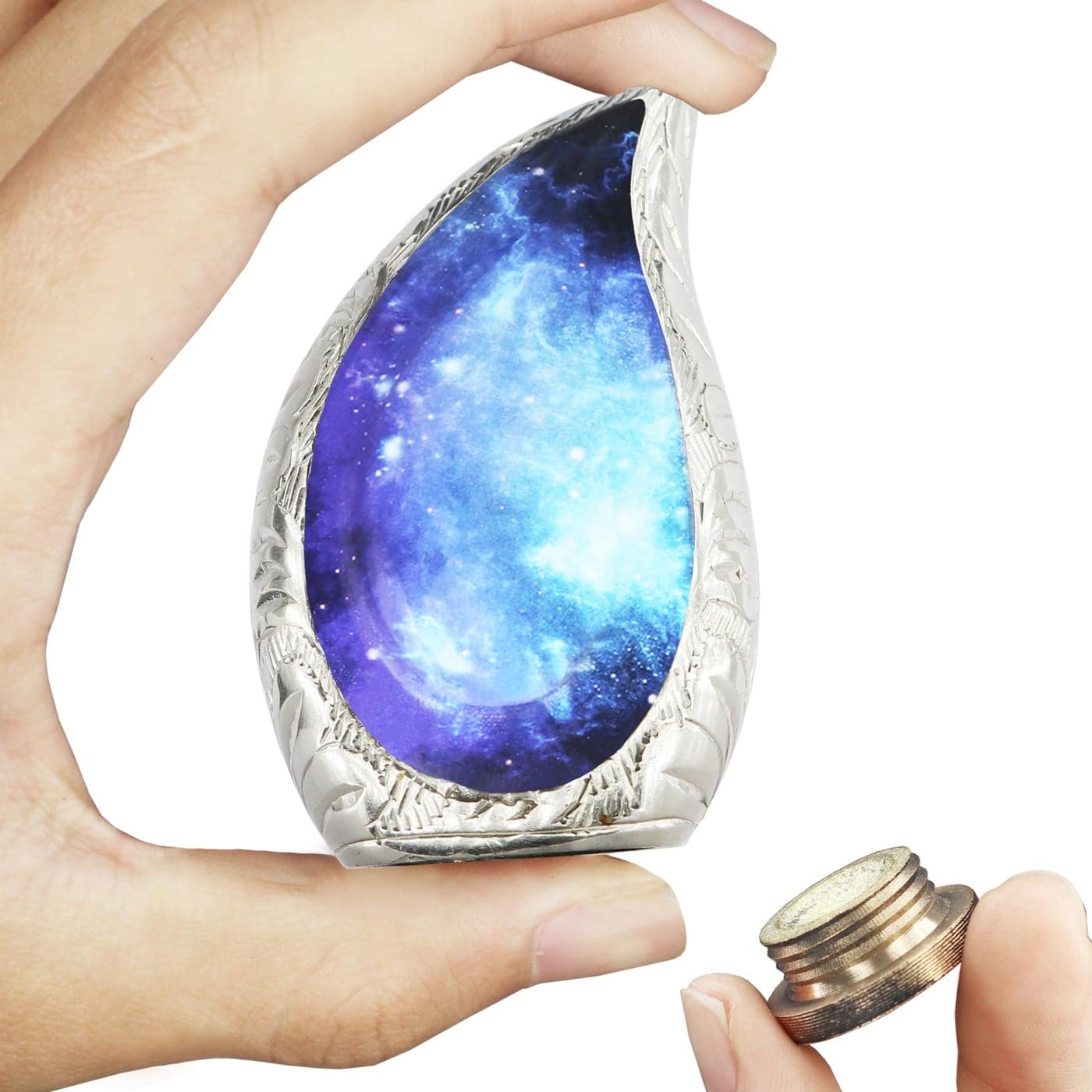 M MEILINXU Small Urns for Human Ashes Keepsake Mini Urn for Ashes Adult Male Female Teardrop Cremation Container Tear Drop Decorative Blue Cosmic Galaxy Brass Engraving Urn Small Keepsake