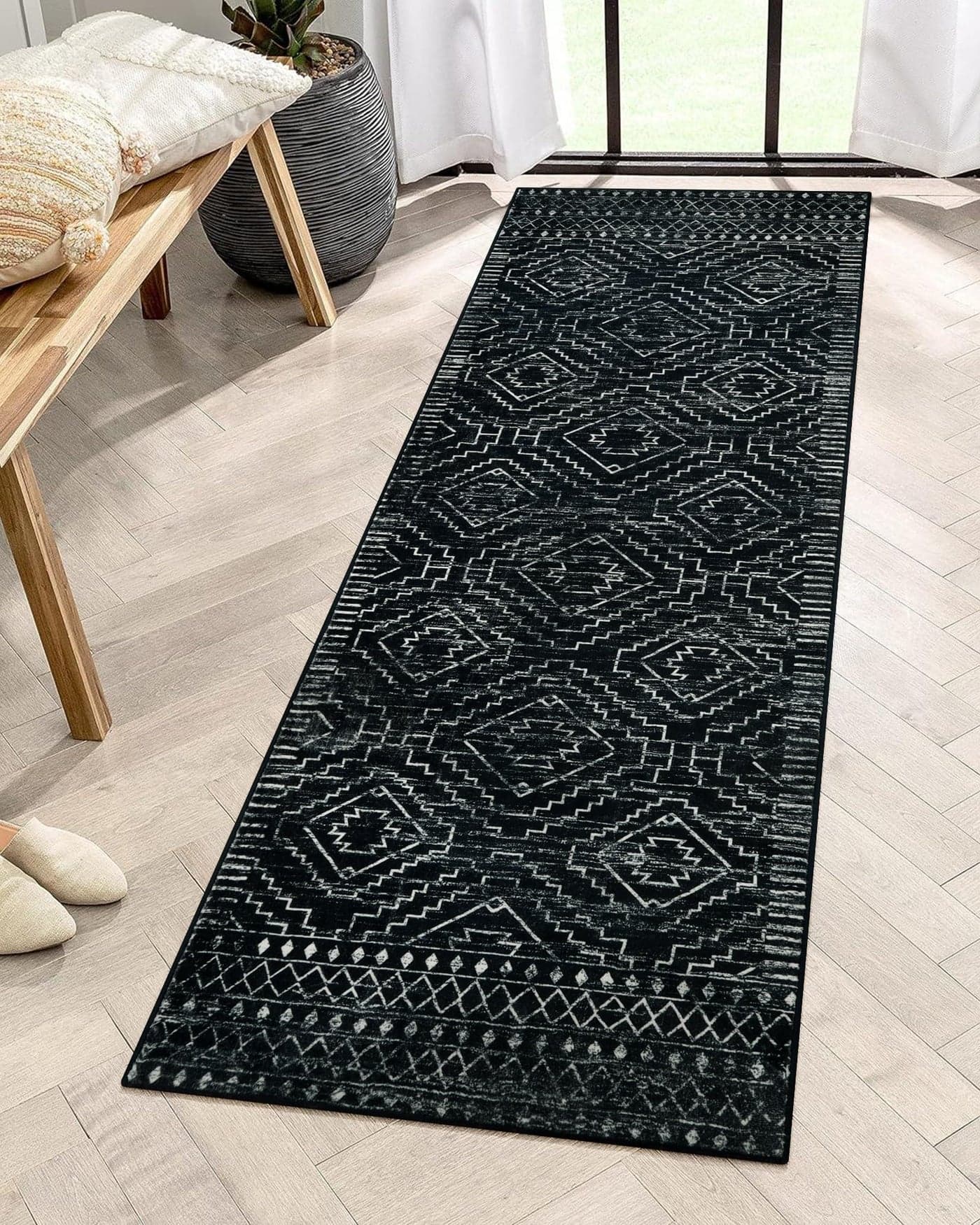 Wonnitar Washable Kitchen Runner Rug 2x6, Moroccan Black Runners for Hallway, Non Slip Bohemian Soft Bathroom Throw Mat Geometric Carpet Runner for Laundry Entryway Bedroom (Black,2'x6')