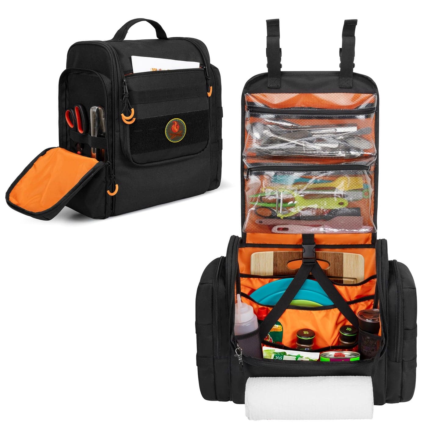 HODRANT Large Tactical Camping Kitchen Organizer Hanging Cookware Storage Bag with Paper Towel Holder Multi Pockets Portable Camp Utensil Organizer for BBQ Cooking Essentials Black Bag Only