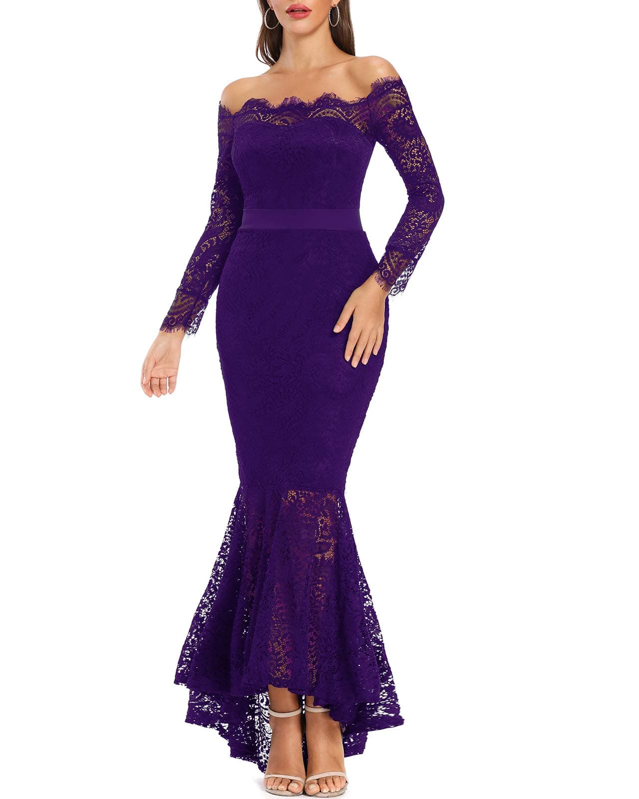 LALAGEN Women's Floral Lace Long Sleeve Off Shoulder Wedding Mermaid Dress Purple XXL