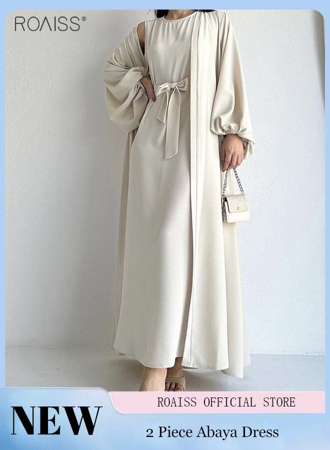 Women 2PCS Satin Abaya Outfit Set, Puff Sleeve Cardigan and Sleeveless Dress Set, Stylish Elegant Co Ord Outfit for Ladies, Perfect for Daily Wear, Wedding, Party and Outdoor Activities