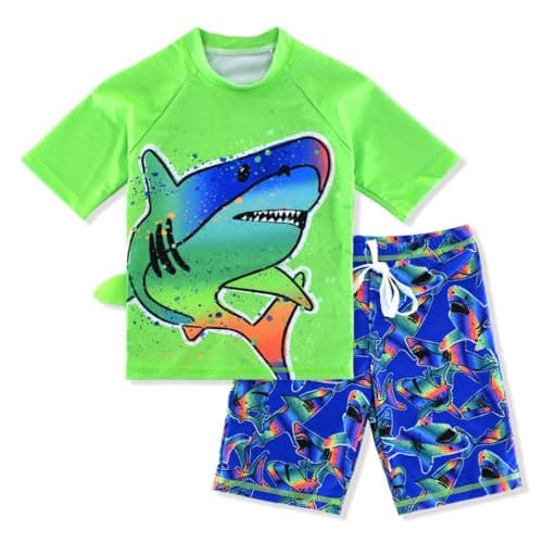 Boys Two Piece Rash Guard Swimsuits Kids Short Sleeve Sunsuit Swimwear Sets Green Shark 7T