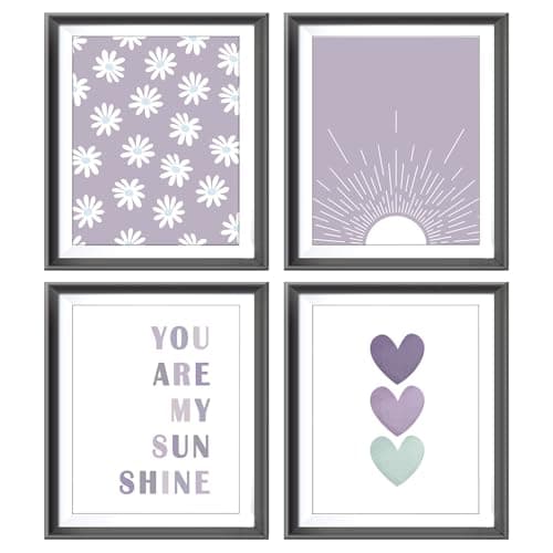 You are My Sunshine Boho Sage Purple Sun Sunshine Daisy Flower Hearts Poster Prints for Girls Kids Room Nursery Playroom Decor,Inspirational Quote Decorations Prints Wall Art Unframed 4pcs 8x10inches…