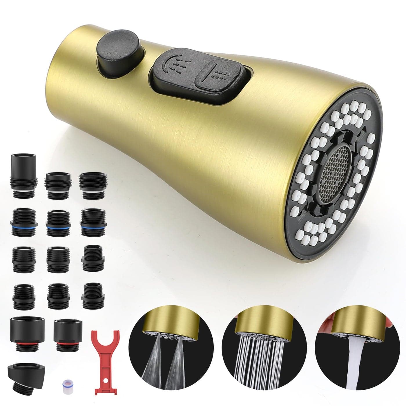 Kitchen Faucet Sprayer Head Replacement with 15 Adapters Pull Down Faucet Spray Head Pull Out Faucet Sprayer Nozzle 3 Function Kitchen Tap Spray Spout Part Connector Brushed Gold