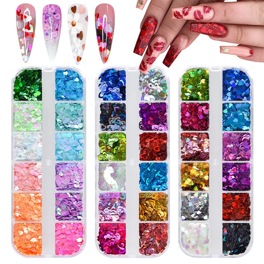 36 Colors Heart Glitter Nail Art Sequins EBANKU Holographic Heart Shaped Nail Sequin Laser Heart Nail Art Flake Glitter Decals for Face Eyes Nail Art Decoration DIY Craft 3 Boxes