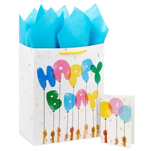 Hallmark 13 Large Gift Bag with Tissue Paper and Card Happy Bday Balloons for Kids Grandchildren Friend Coworkers