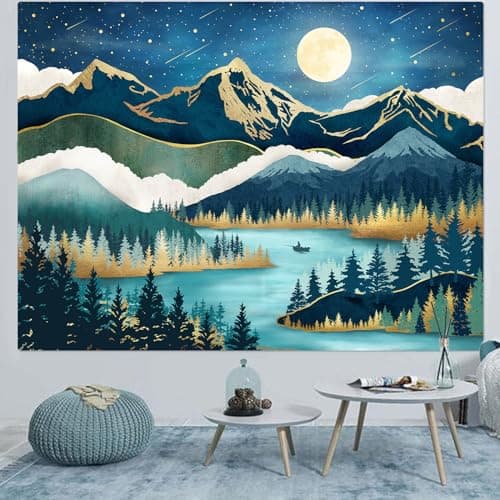 Accnicc Mountain Tapestry Nature Forest Tree Tapestries for Bedroom Aesthetic Starry Night Moon Stars Tapestrys Wall Hanging Teal Abstract Wall Tapestry for Dorm Living Room (Teal, 60'' × 44'')