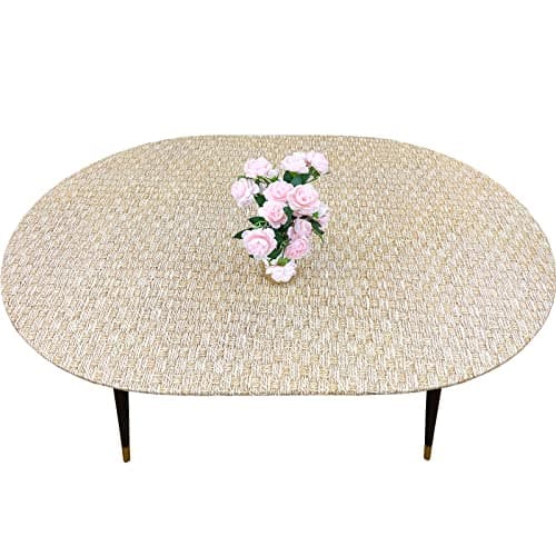 LIBERECOO Oval Fitted Vinyl Tablecloth with Flannel Backing - Fits 48 x 68 Inch Oval Table - Rope Weaving - Elastic Edged for Secure Fit, Waterproof Wipeable Table Cover