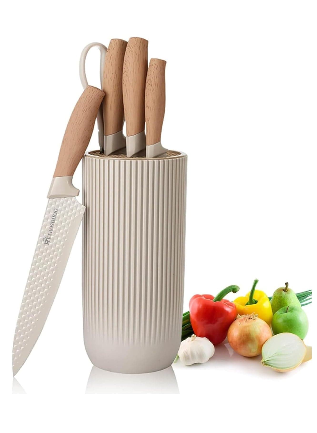 Kitchen Knife Set, 6-Pieces Khaki Sharp Knife Set for Kitchen, Non-stick Non-slip Stainless Steel Chef Knife Set with Universal Knife Block Suitable for Home Restaurant (Khaki)