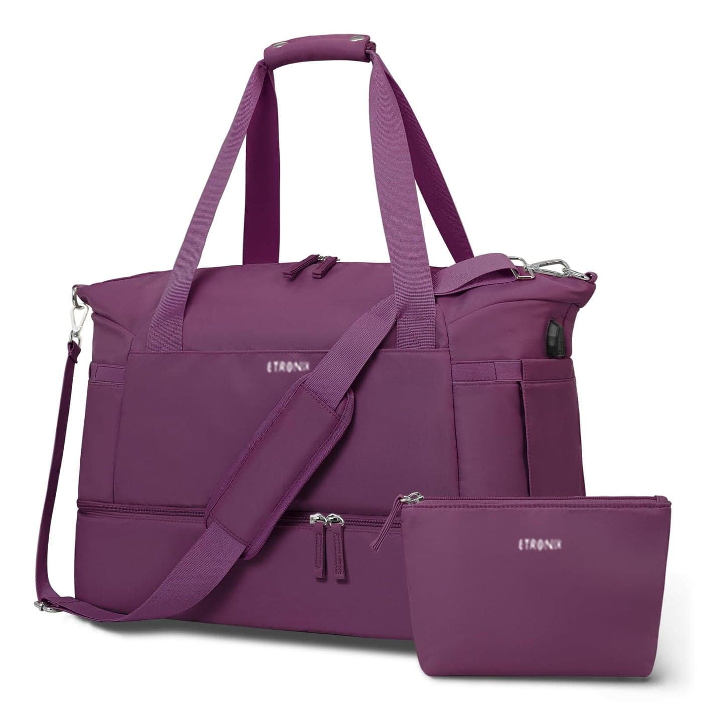 ETRONIK Gym Bag for Women Travel Duffel Bag with USB Charging Port Weekender Overnight Bag with Wet Pocket and Shoes Compartment for Women Travel Gym Yoga Grape Purple