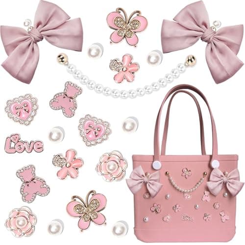 Everfunny Charms for Bogg Bag,Pearls,Butterfly Flowers and Chain for Bogg Bag Accessories Charms(20 pcs) (Pink)