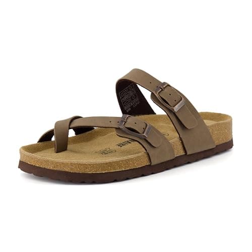 CUSHIONAIRE Luna Crossover Toe Strap Womens Sandals – Cork Footbed Slides with Adjustable Straps, Summer Sandals for Women 2025, BROWN 9W