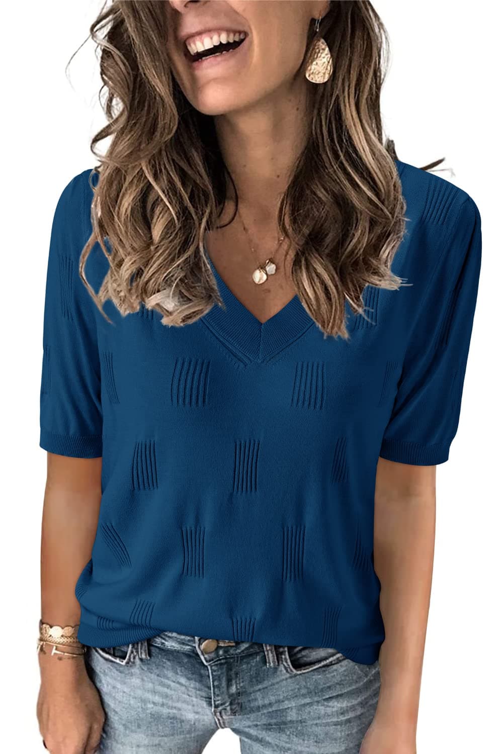Arach&Cloz Women's Summer Fall Tops 2025 Short Sleeve Plus Size Sweaters V Neck Trendy Fashion Knit Clothes Dressy Cute Casual Outfits Business Work Blouse Blue M