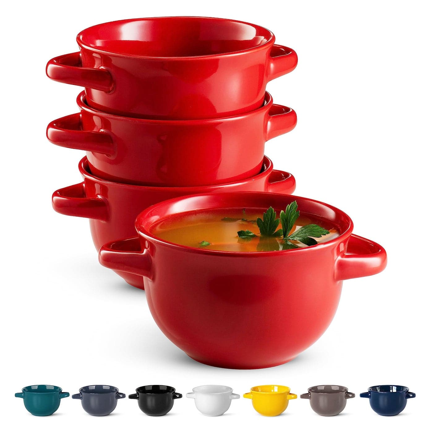 KooK French Onion Soup Crocks with Handles Ceramic Bowls for Rice Dessert Pasta Dishwasher Microwave Oven Broil Safe Red Set of 4 18 oz Red