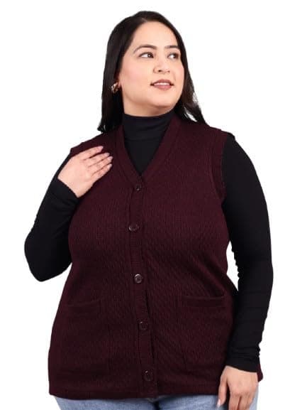 HIFZAA Plus Size Sweater for Womens Woolen Sleeveless Cardigan 3XL 4XL 5XL 6XL Wine
