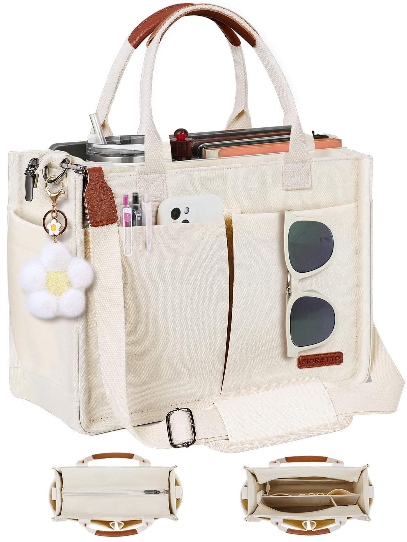 FIORETTO Women's Canvas Tote Bag with Zipper Top, Individual Compartments, Reinforced Bottom, Trolley Sleeve & Adjustable Strap, Doubles as a Crossbody Purse for Work, Travel & Bible, Ivory White XL