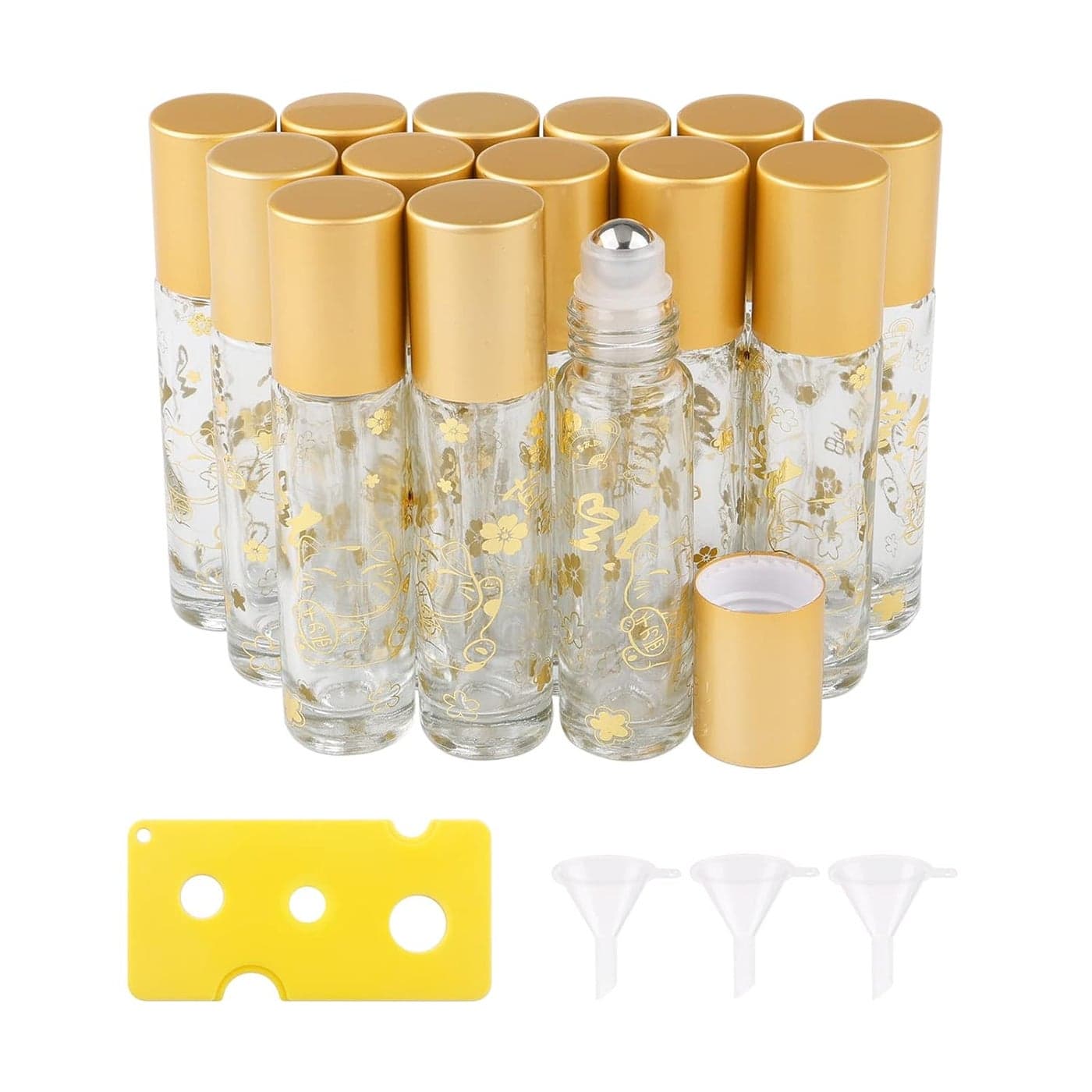 14Pcs Essential Oil Roller Bottles, 10ml Thick Glass Roll on Bottles Lucky Cat Massage Glass Roller Bottles Vials Tubes Containers for Perfumes Aromatherapy Lip Balms, Matte Gold Cap