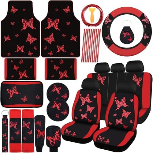 BBTO 47 Pcs Car Seat Full Set Car Accessories for Women 5 Front Rear Seat Covers Wrist Strap 2 Pieces Cup Mat Armrest Pad 2 Belt Cover Accessories for SUVRed Black