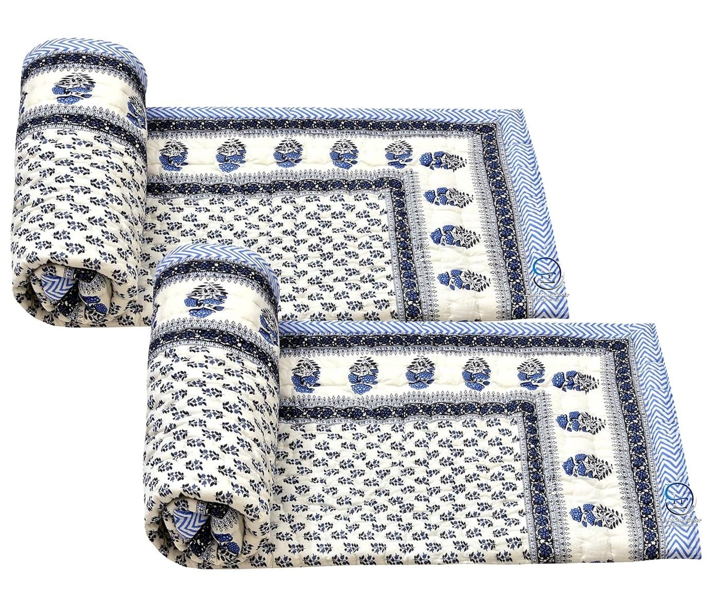 LushHavenDecor Rajasthani Light Weight Single Bed Soft Jaipuri AC QuiltRazai Designer Cotton Quilts Blankets for Home Size 55X85 inch Single Bed QuiltRazaiRajaiSet of 2 Blue and White
