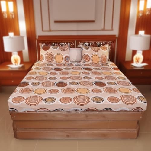 Status Contract Cotton Feel Double Fitted Bedsheet with 2 Pillow Covers for Bed Room, Home, Hotel-120 GSM (Circles)