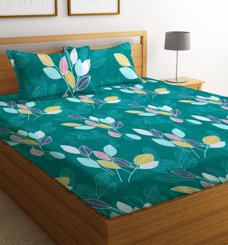 BSB HOME Prime Collections 160tc Pure Microfiber Glace Cotton Breathable Supersoft Wrinkelfree Double Bedsheet with 2 King Size Pillow Covers-Green and Blue