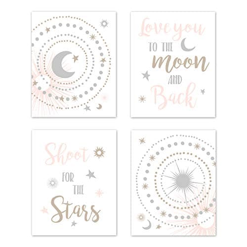 Sweet Jojo Designs Blush Pink, Gold, Grey and White Star and Moon Wall Art Prints Room Decor for Baby, Nursery, and Kids for Celestial Collection - Set of 4 - Shoot for the Stars