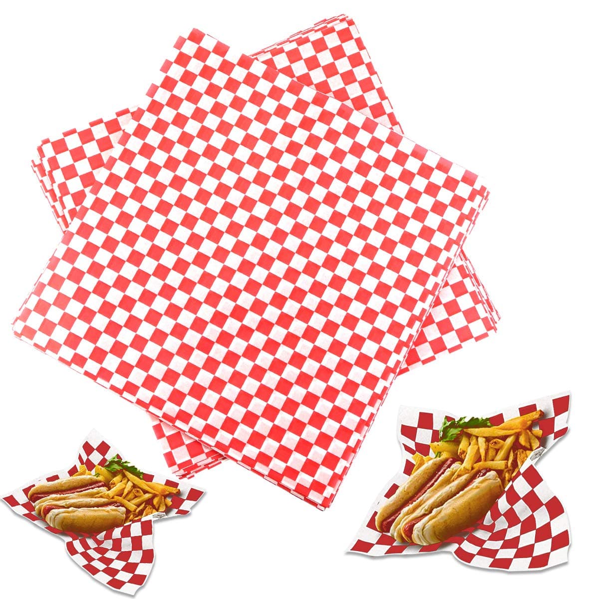 Hslife 100 Sheets Checkered Dry Waxed Deli Paper Sheets Paper Liners for Plastic Food Basket Wrapping Bread and Sandwiches Red