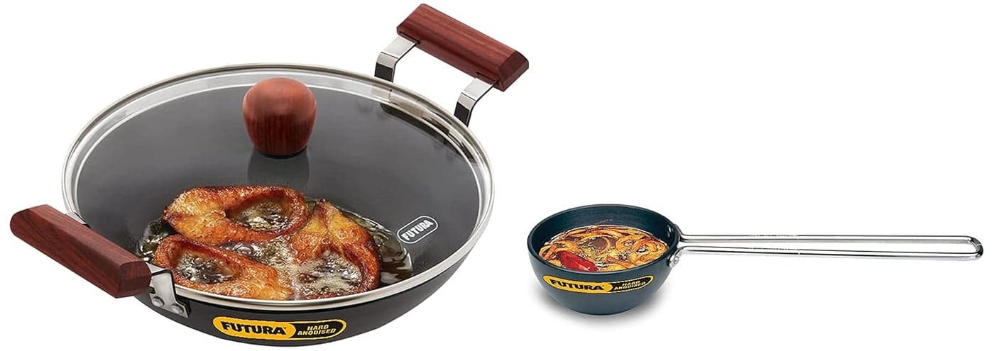 Hawkins Futura Hard Anodised Aluminium Round Bottom 3.25 mm Thickness Kadhai with Glass Lid (Capacity 2.5 litre, Diameter 25 cm, Black) & Futura Small Tadka Pan, Hard Anodised Spice Heating Pan, Black