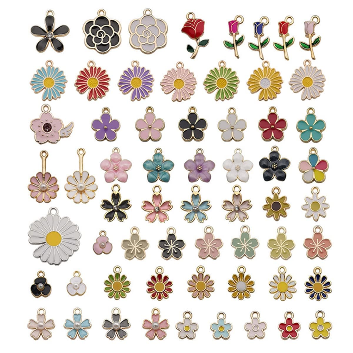 MAYCREATE 60pcs Assorted Gold Plated Enamel Pendants Floral Themed Flower Charms for Jewelry Bracelet Earring Necklace Keychain DIY Jewelry Accessories Charms