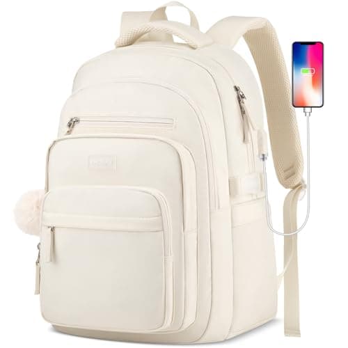 KROSIAS Laptop Backpack for College Teen Girl Middle High School Aesthetic Bookbag 156 Inch Computer Bag with USB Charger Student Casual Daypack Large Travel BackPack for Women Beige