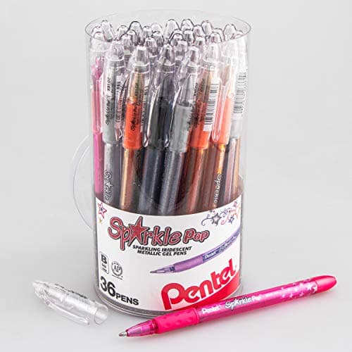 Pentel Sparkle Pop Iridescent Gel Pens 10mm Bold Lines Assorted Ink ACDFPVxZ 36PK Canister K91PC36M