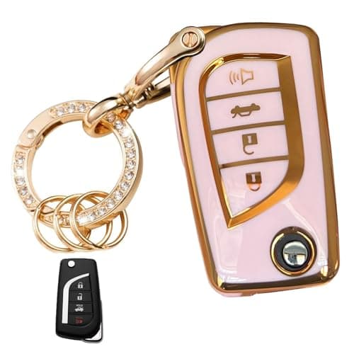 WKEDQAF Key Fob Cover for Toyota Fortuner Tundra Camry RAV4 Challenger Replacement for Keyless Entry Remote Key Shell with Keychain (4-Button-Gold-Pink)