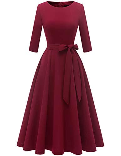 DRESSTELLS Vintage Formal Dress for Women, Wedding Guest Dresses Knee Length, 3/4 Sleeve Fit and Flare, Cocktail Party Prom Homecoming, 2025 Fall, Burgundy M