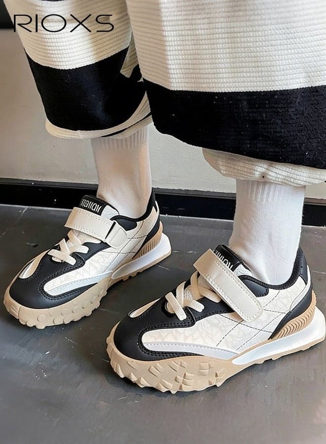 Kids Unisex Shoes, Toddler Boys' Girls' Trainers, Classic Slip On Sneakers with Hook and Loops, Lightweight Walking Shoes, Lazy Shoes with Adjustable Strap, Athletic Shoes for Toddler/Little Kid/Big Kid, Black White Athlesiure Shoes Kids Footwear