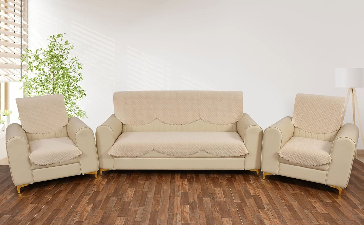 Yellow Weaves Velvet 5 Seater Self Design Quilted Sofa Cover and Chair Cover, Seat&Back Cover, Color - Beige
