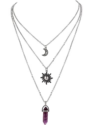 Sacina Gothic Layered Crystal Sun and Moon Necklace, Moon and Sun Pendant, Gothic Goth Emo Grunge Necklace, Goth Jewelry, Halloween Christmas Jewelry Gift For Women